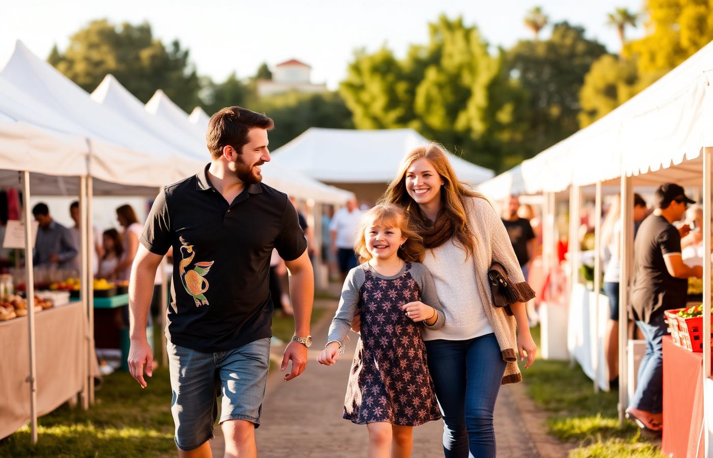 A family walking through a farmers market at golden hour